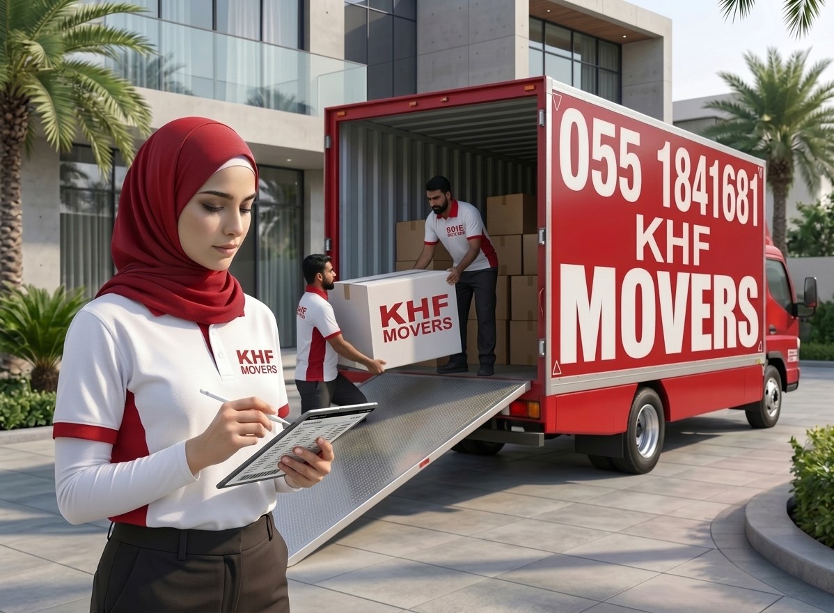 KHF Movers crew loading boxes into an open truck at a Dubai villa while a team member reviews the inventory on a tablet.