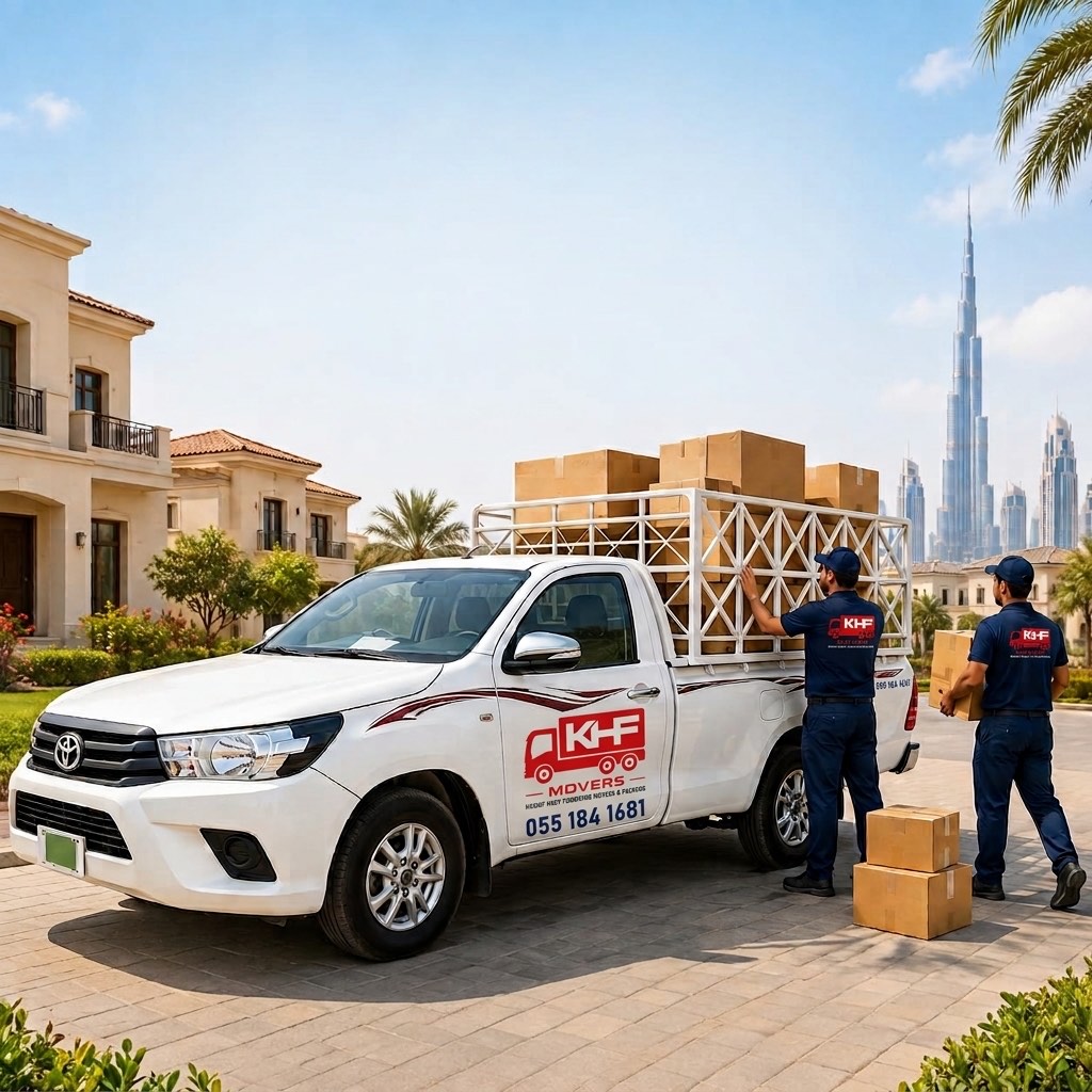 White KHF Movers pickup truck loaded with boxes, crew loading at a Dubai villa community with the Burj Khalifa in the background.
