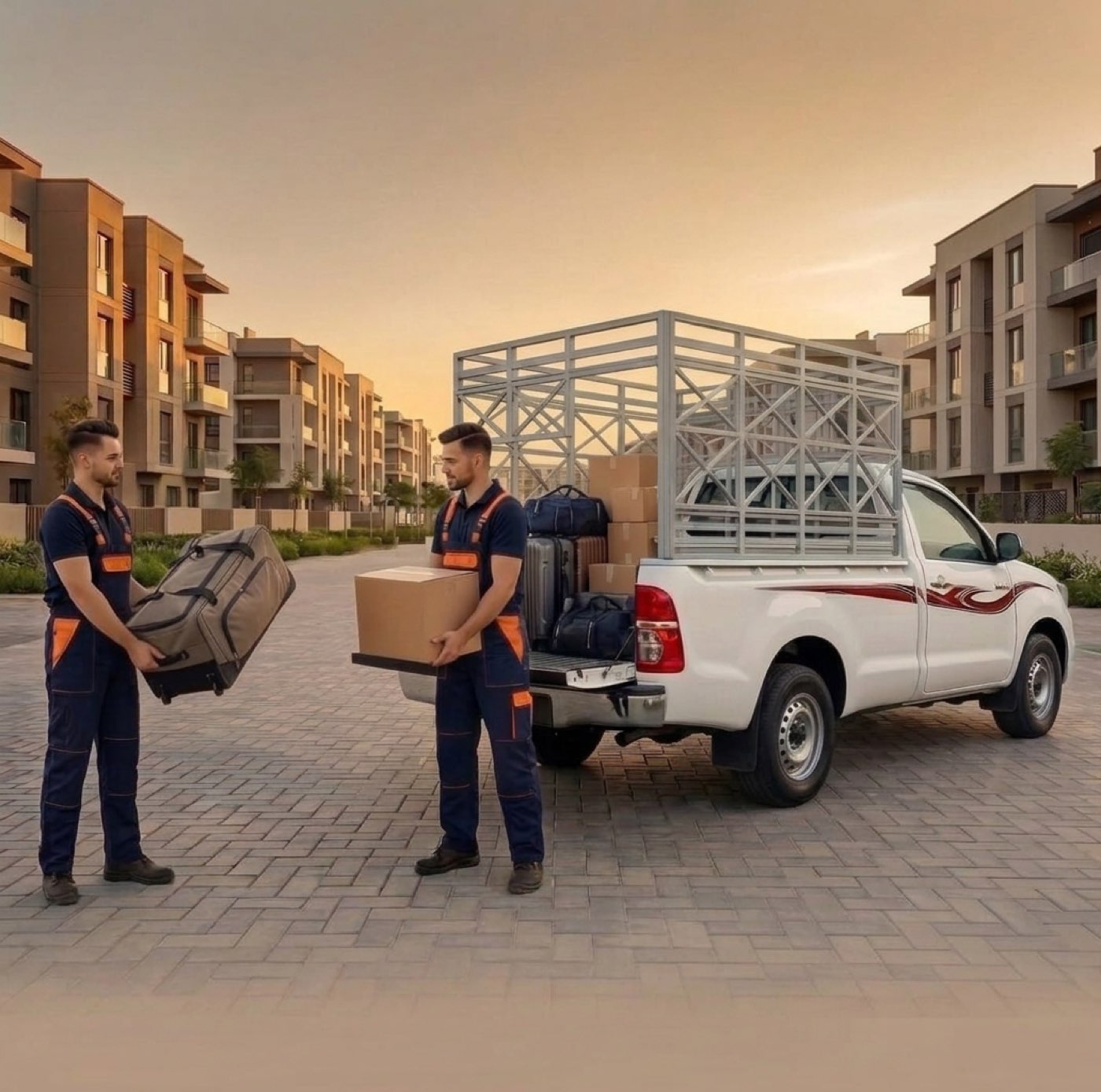 Two KHF Movers crew loading suitcases and boxes into a pickup truck at a Dubai residential community at dusk.
