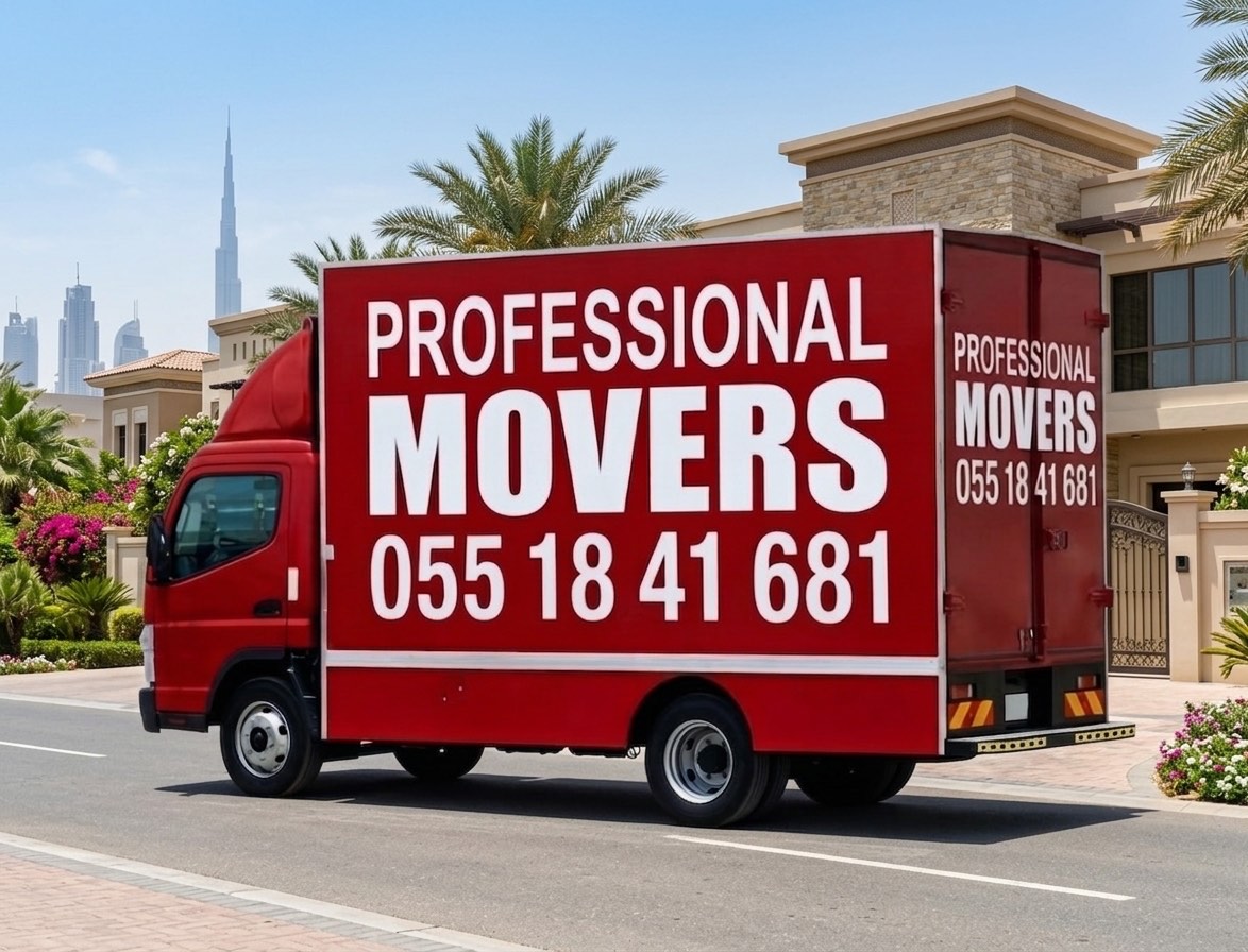 Red "Professional Movers" truck parked on a street in a Dubai villa community, with the Burj Khalifa visible in the background.